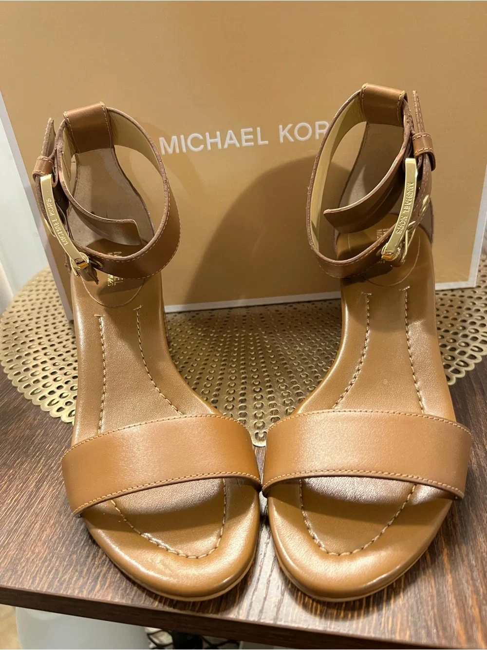 Michael Kors Cognac Leather Block Heel Sandals with Buckle